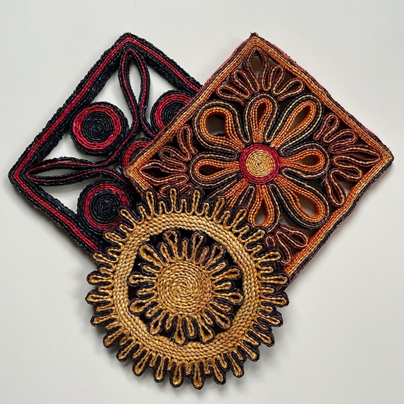 Vintage Woven Trivets Trio Hot Pads Boho Wicker Rattan Raffia - Picture 3 of 6